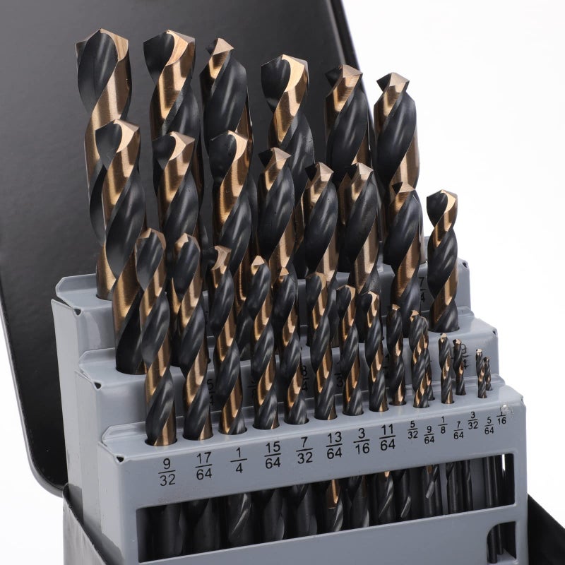 Yougfin 29 Pieces Drill Bit Set for Hardened Steel  High Speed Steel Carbide Drill Bits with Black & Gold Finish  Metal Drill Bits Sets with Index Case for Wood  Stainless  Plastic  1/16""-1/2"" - Image 1
